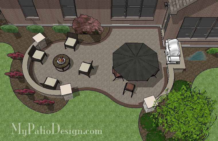 Curvy Brick Patio Design with Seat Wall 1