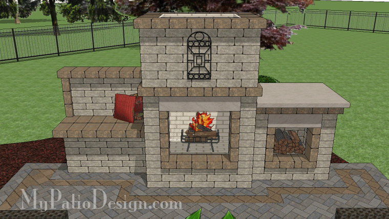 Outdoor Fireplace Design with Wood Box and Bench #1