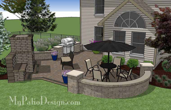 L Shaped Patio Design with Grill Station and Fireplace 3