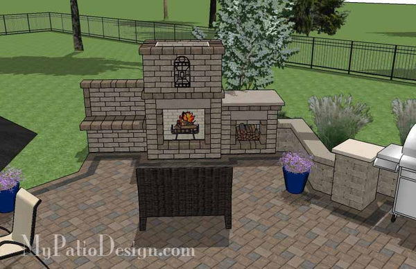 L Shaped Patio Design with Grill Station and Fireplace 6