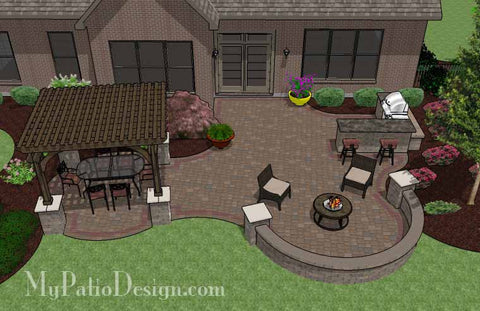 Large Curvy Patio Design with Grill Station, Pergola and Seat Wall 2