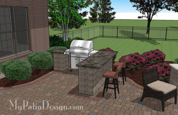 Large Curvy Patio Design with Grill Station, Pergola and Seat Wall 5