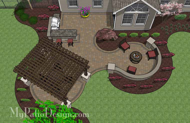Large Paver Patio Design with Pergola and Grill Station + Bar 2