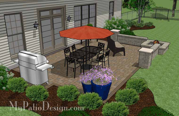 Large Rectangular Paver Patio Design with Seating Wall and Fire Pit 3