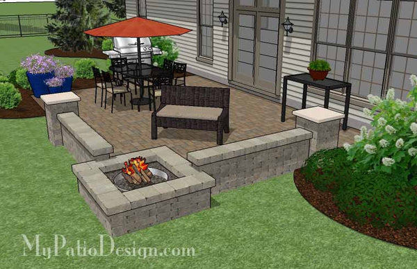 Large Rectangular Paver Patio Design with Seating Wall and Fire Pit 4