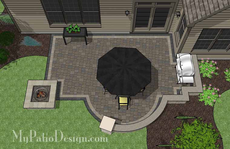 Arcs and Rectangles Patio Design with Seat Wall and Fire Pit 2