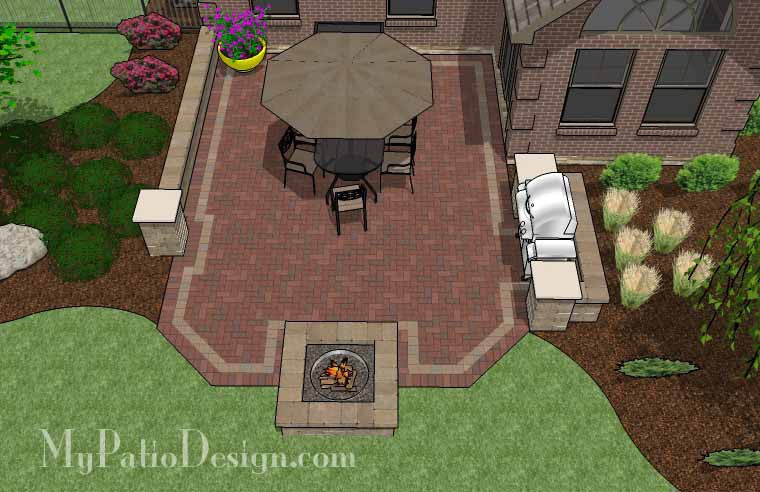 Backyard Brick Patio Design with Fire Pit and Grill Station 2