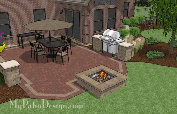 Backyard Brick Patio Design with Fire Pit and Grill Station 3