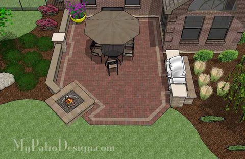 Backyard Brick Patio Design with Fire Pit and Seat Wall 2