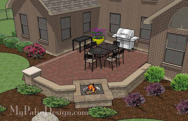 Courtyard Brick Patio Design with Fire Pit and Seat Wall 4