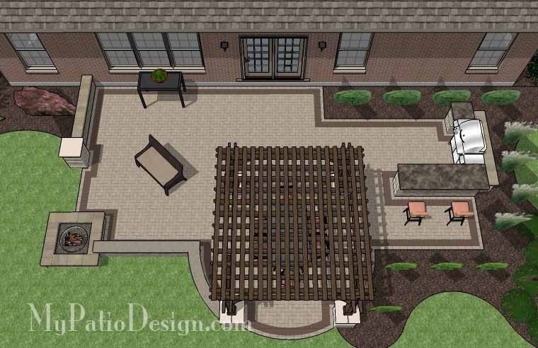 Creative Brick Patio Design with Pergola, Fire Pit and Bar 2