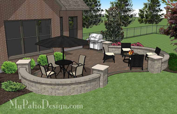 Curvy Backyard Patio Design with Seat Wall 3