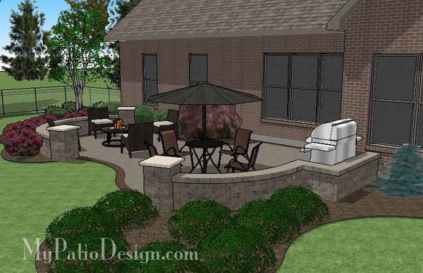 Curvy Brick Patio Design with Seat Wall 4