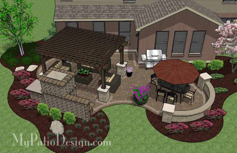 Curvy Outdoor Living Design with Pergola and Fireplace 2