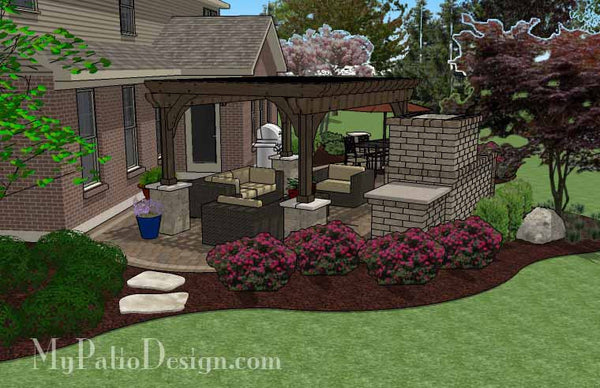 Curvy Outdoor Living Design with Pergola and Fireplace 3