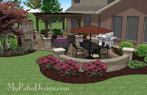 Curvy Outdoor Living Design with Pergola and Fireplace 4