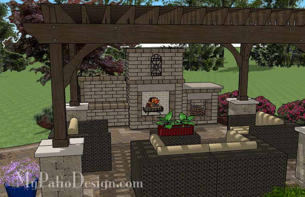 Curvy Outdoor Living Design with Pergola and Fireplace 5