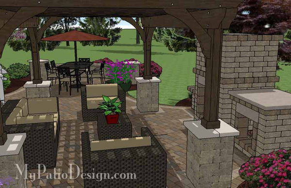 Curvy Outdoor Living Design with Pergola and Fireplace 6