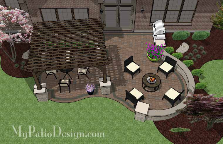 Curvy Patio Design with Seat Wall and Pergola 2