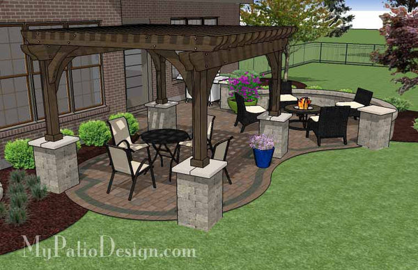 Curvy Patio Design with Seat Wall and Pergola 3
