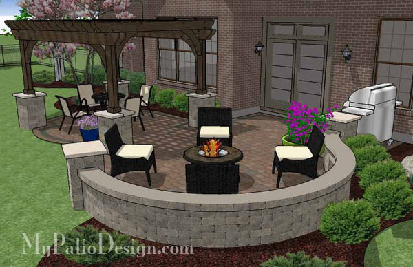 Curvy Patio Design with Seat Wall and Pergola 4