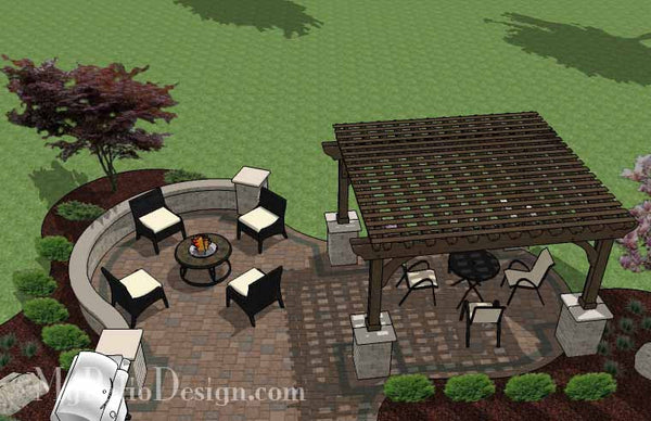 Curvy Patio Design with Seat Wall and Pergola 5