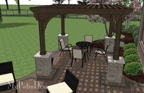 Curvy Patio Design with Seat Wall and Pergola 7