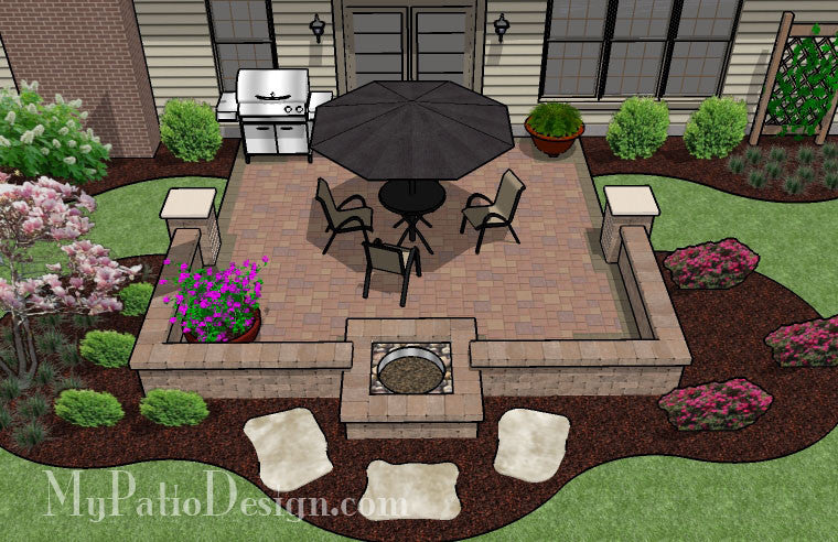 DIY Square Patio Design with Seat Wall and Fire Pit 2
