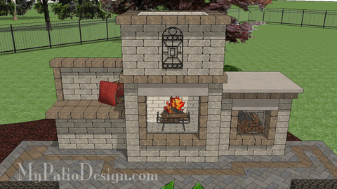 Outdoor Fireplace Design with Wood Box and Bench #1