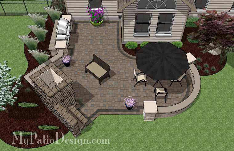 L Shaped Patio Design with Grill Station and Fireplace 2