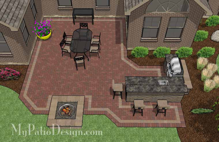 Large Courtyard Brick Patio Design with Outdoor Kitchen and Fire Pit 2