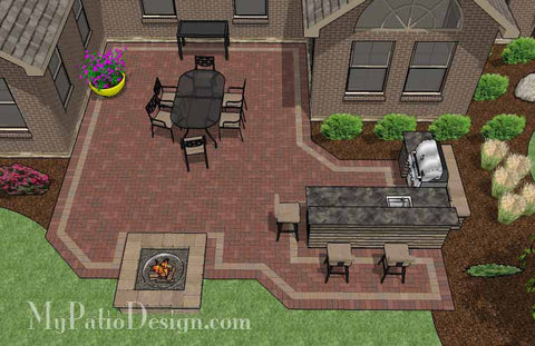 Large Courtyard Brick Patio Design with Outdoor Kitchen and Fire Pit 2