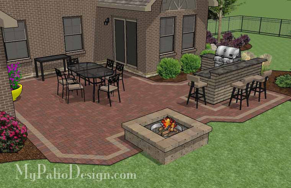 Large Courtyard Brick Patio Design with Outdoor Kitchen and Fire Pit 3