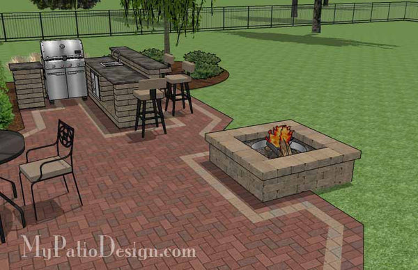 Large Courtyard Brick Patio Design with Outdoor Kitchen and Fire Pit 5