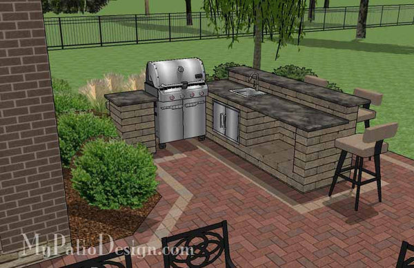 Large Courtyard Brick Patio Design with Outdoor Kitchen and Fire Pit 6