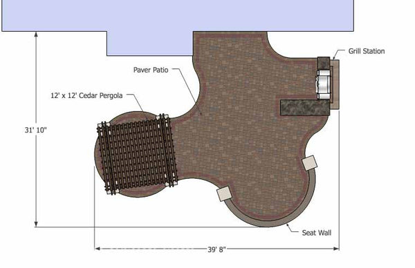 Large Curvy Patio Design with Grill Station, Pergola and Seat Wall 1