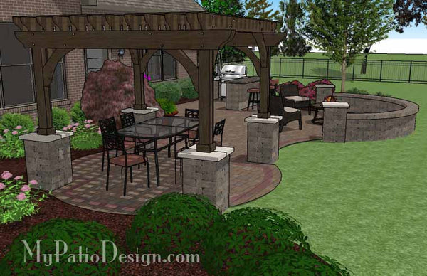Large Curvy Patio Design with Grill Station, Pergola and Seat Wall 3
