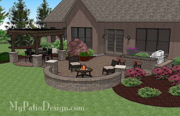 Large Curvy Patio Design with Grill Station, Pergola and Seat Wall 4