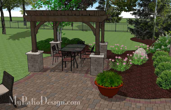 Large Curvy Patio Design with Grill Station, Pergola and Seat Wall 7