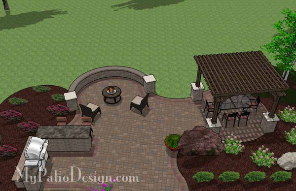 Large Curvy Patio Design with Grill Station, Pergola and Seat Wall 8