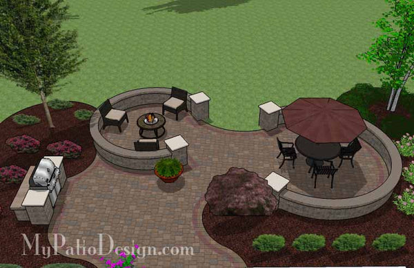Large Curvy Patio Design with Grill Station and Seat Wall 8