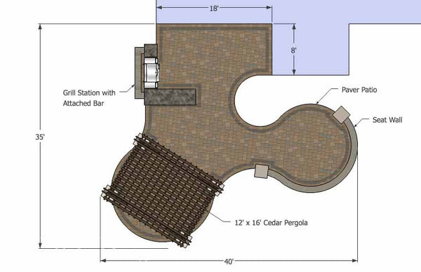 Large Paver Patio Design with Pergola and Grill Station + Bar 1