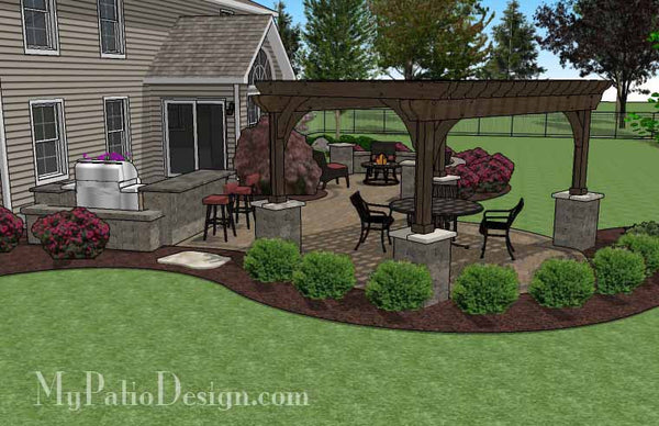 Large Paver Patio Design with Pergola and Grill Station + Bar 3