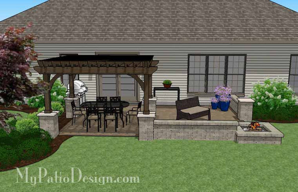 Large Rectangular Paver Patio Design with Fire Pit and Pergola 3