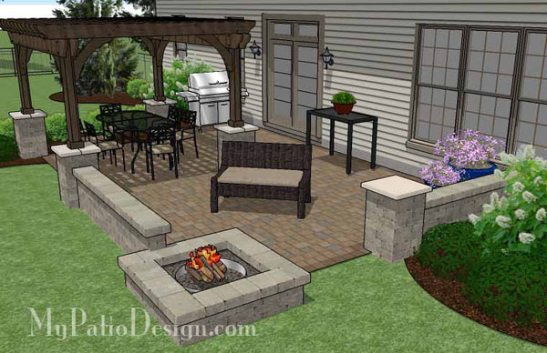 Large Rectangular Paver Patio Design with Fire Pit and Pergola 5