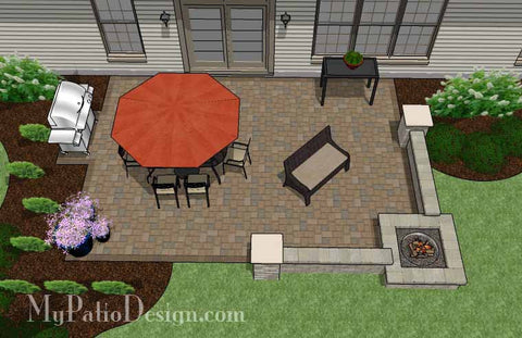 Large Rectangular Paver Patio Design with Seating Wall and Fire Pit 2