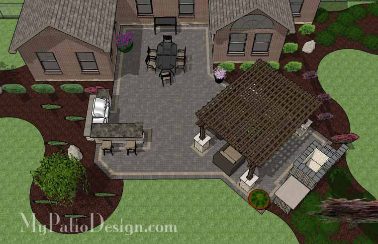 Rear Courtyard Paver Patio Design with Pergola, Fireplace and Bar 2
