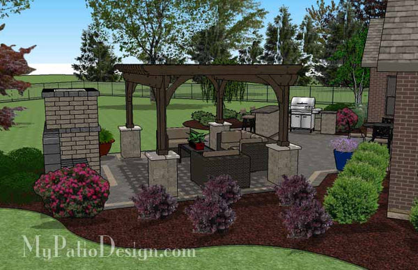 Rear Courtyard Paver Patio Design with Pergola, Fireplace and Bar 4