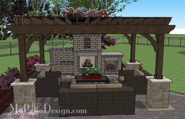 Rear Courtyard Paver Patio Design with Pergola, Fireplace and Bar 6