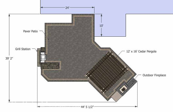 Rear Paver Patio Design with Pergola, Fireplace and Bar 1